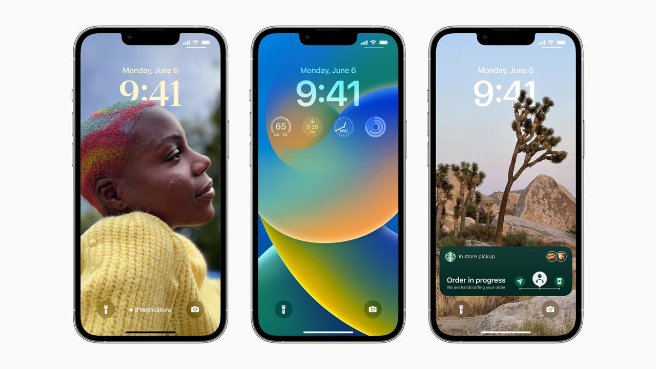 Three iPhones showing lock screens