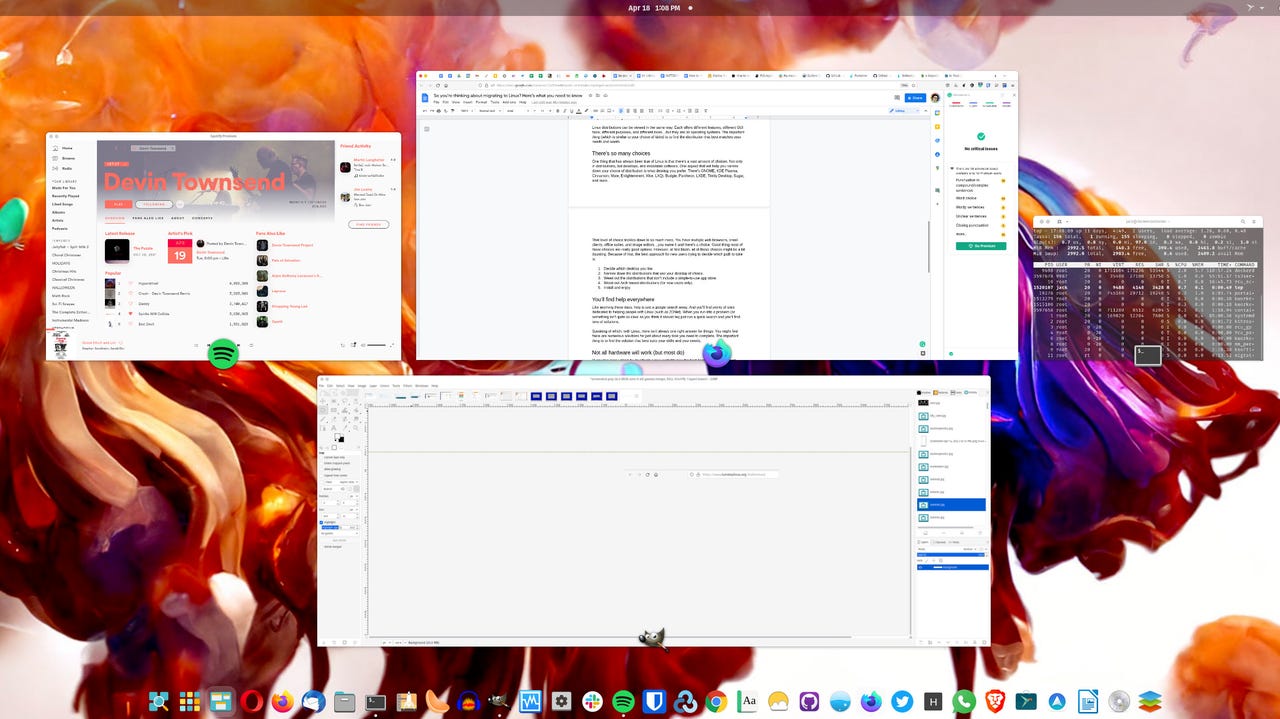 Three windows open in Workspaces on a Pop OS Linux desktop