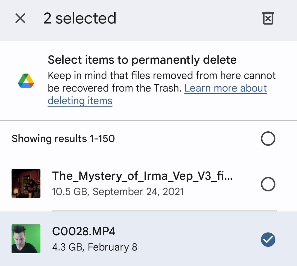 Selecting files to be deleted in Google Drive.