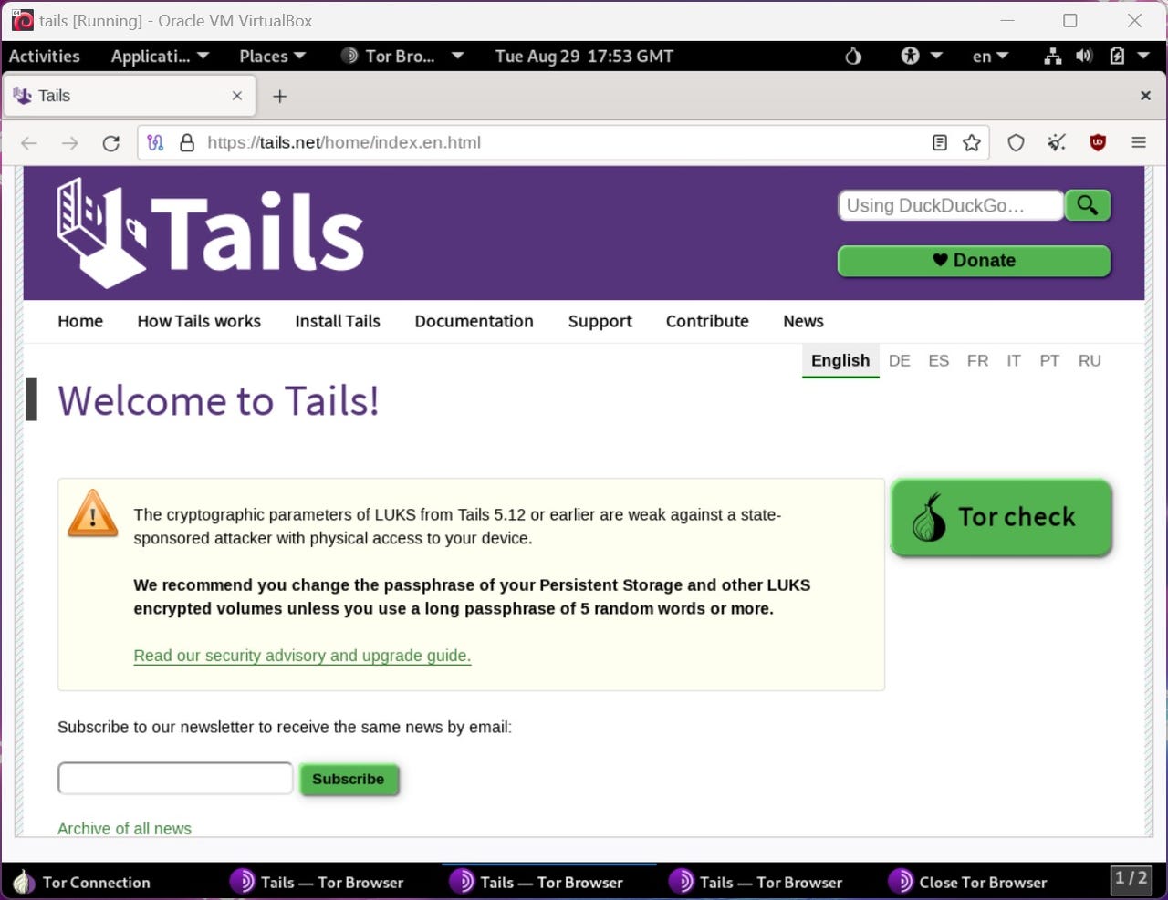 Tails secure operating system running in a virtual machine on Windows 11.