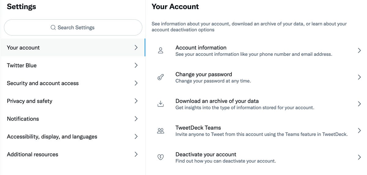 Twitter Your Account settings page