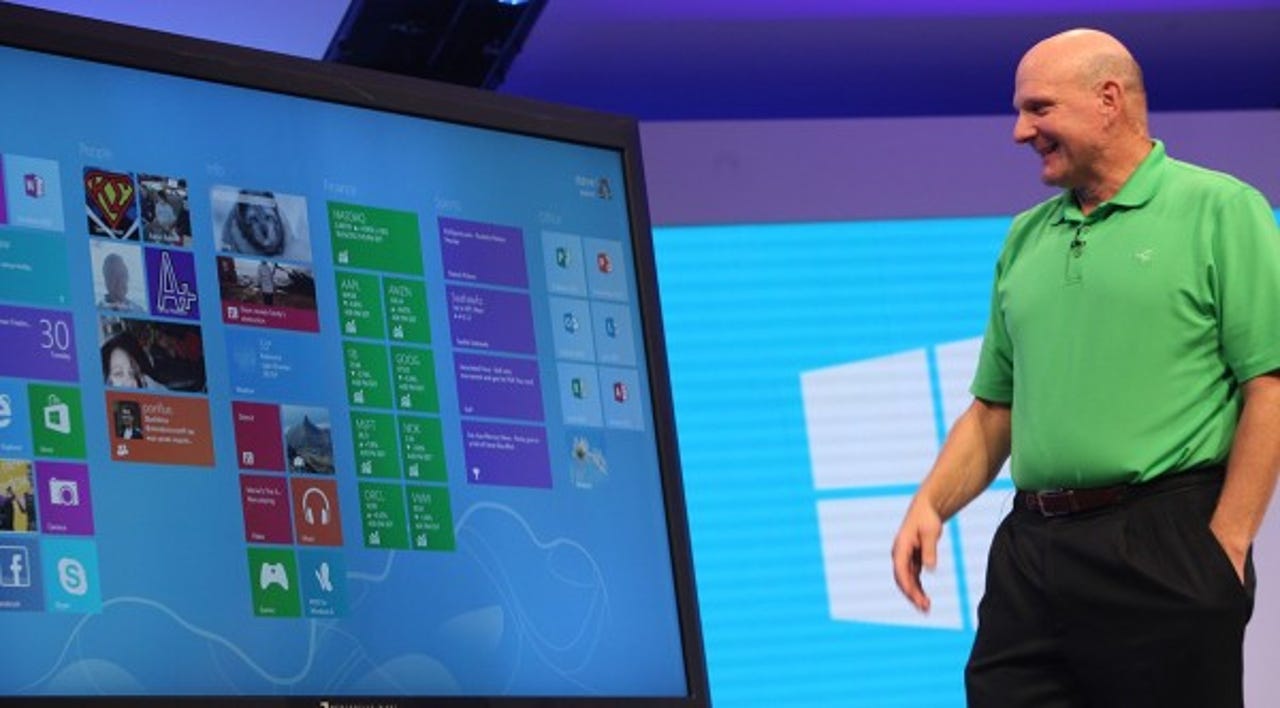 Microsoft boss Steve Ballmer with an 82in Perceptive Pixel screen running Windows 8