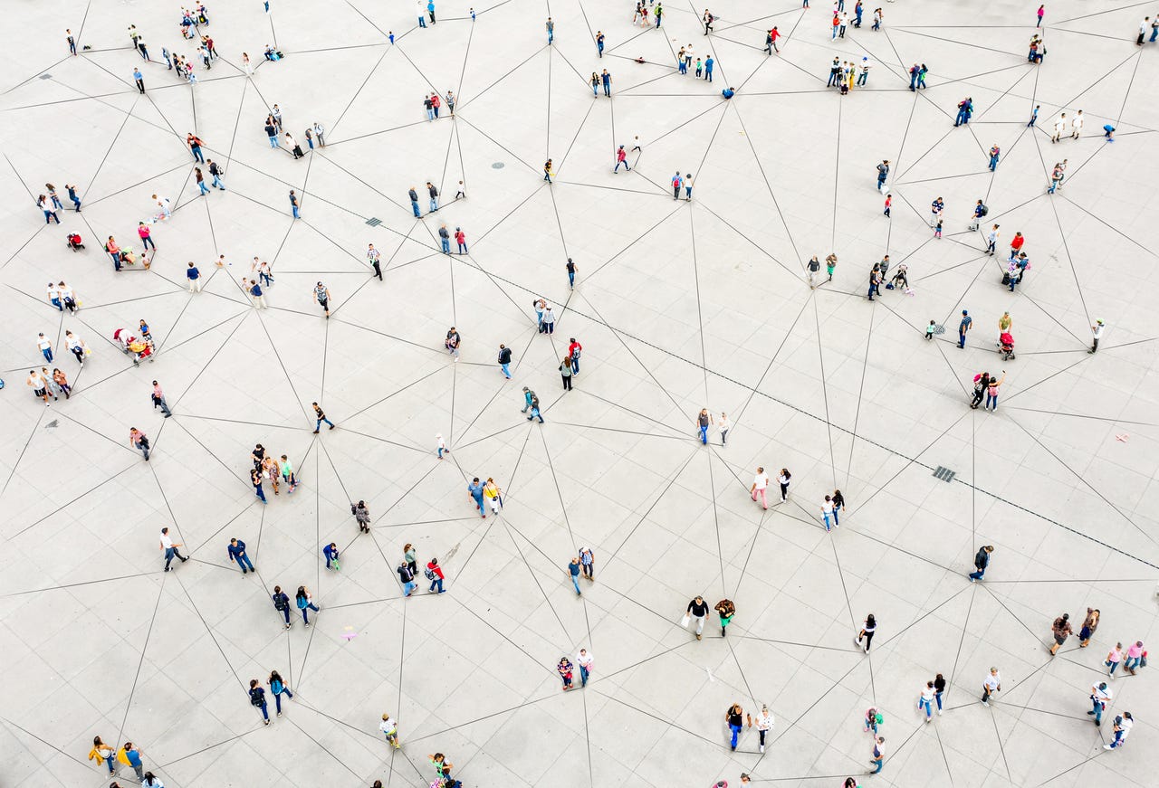 aerial view of people connected by lines