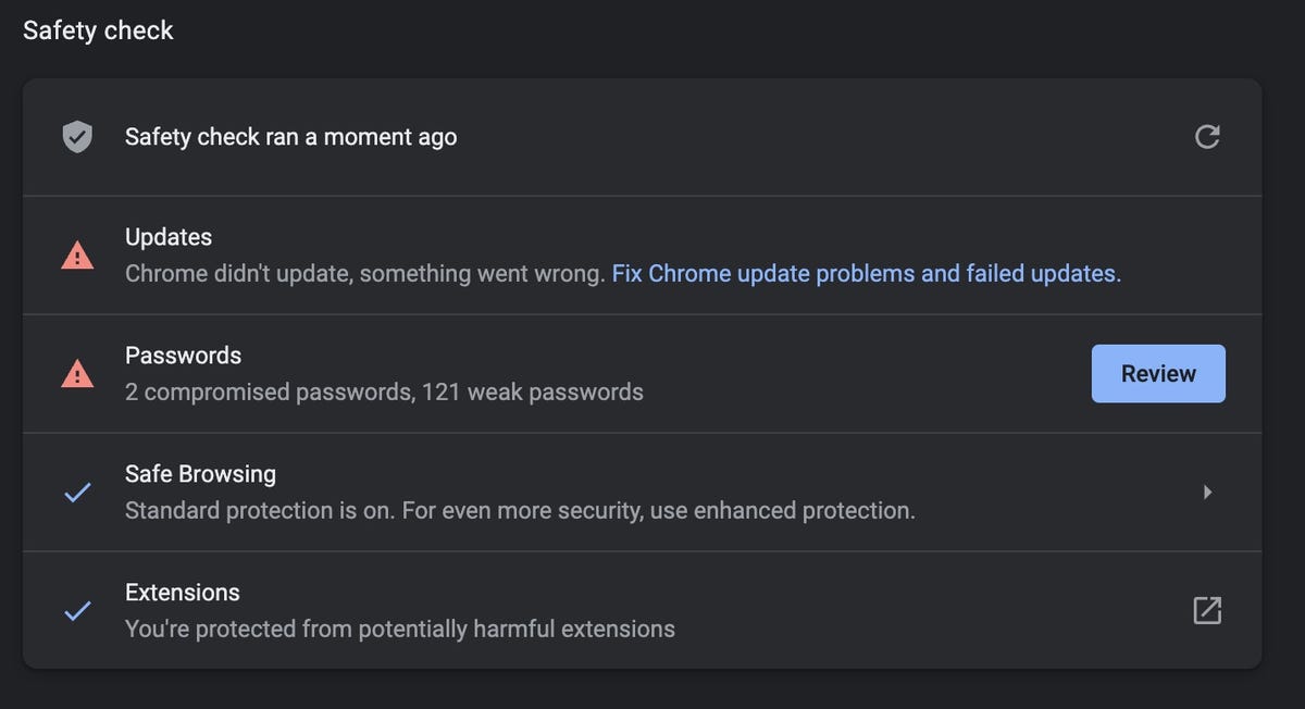 Running Google Chrome Safety check