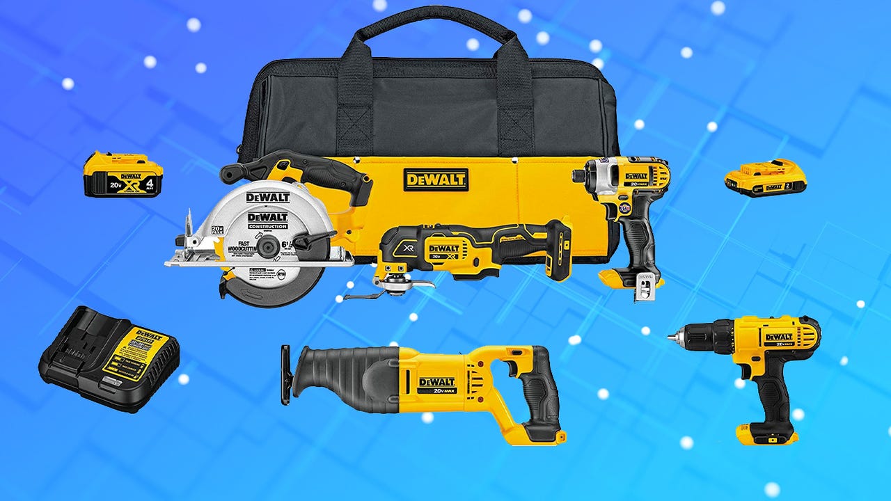 Get five cordless tools, two batteries, a charger, and a carry bag.
