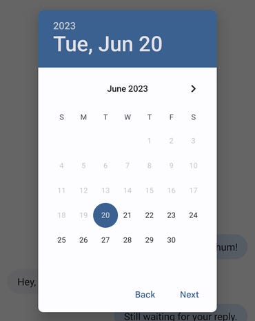 The date picker for scheduling a text.