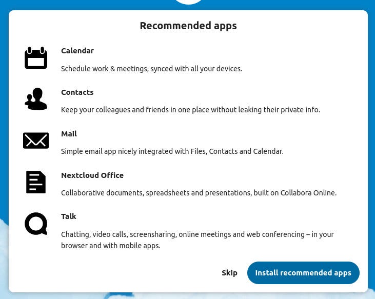 The Nextcloud Recommended apps popup.