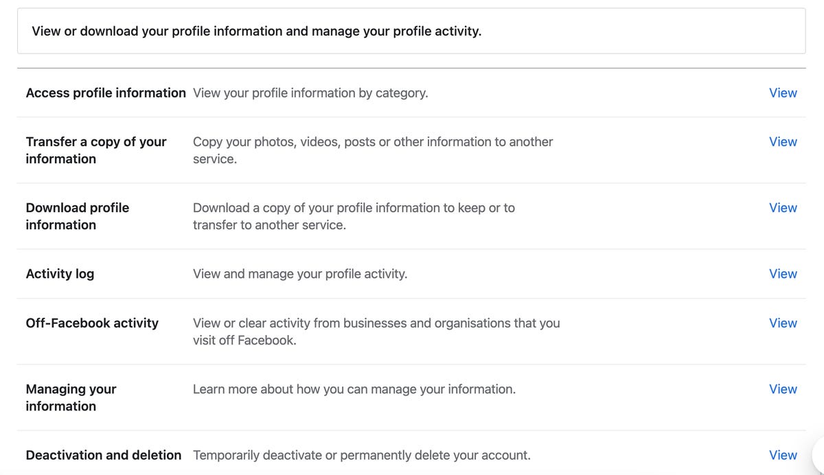 Facebook settings page with download and deactivation options