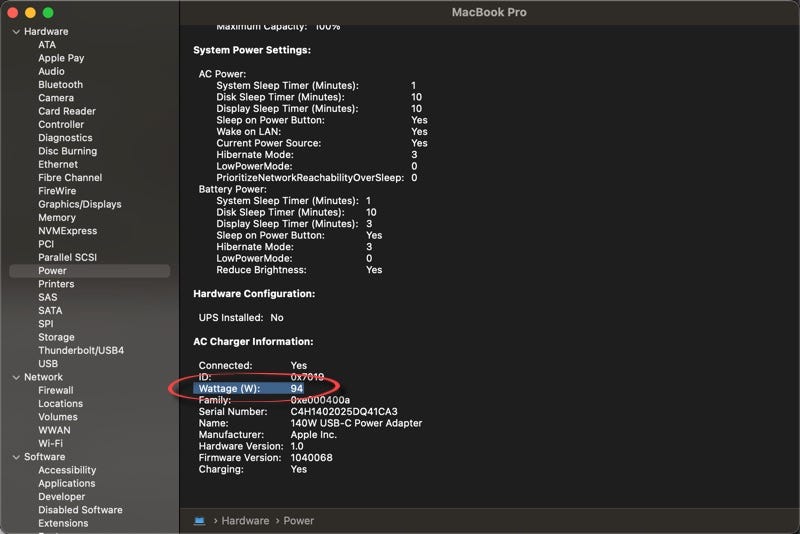 macOS system report showing charging current