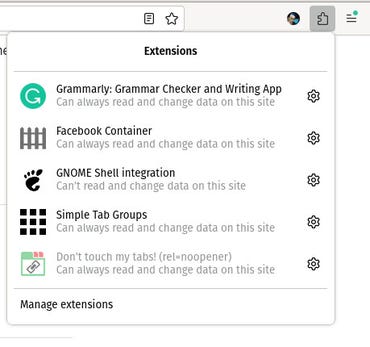 The Firefox Unified Extensions button drop-down.