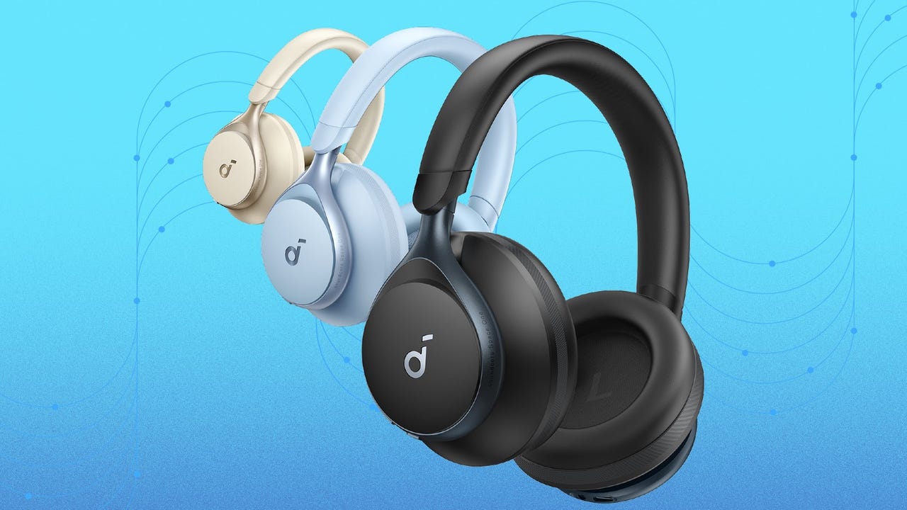 Jet Black, Latte Cream, and Sky Blue Soundcore Space One headphones against a blue background
