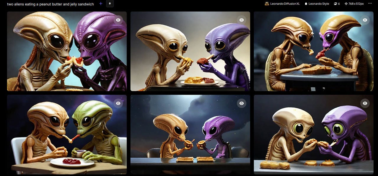 Leonard AI conjures up two aliens eating a sandwich