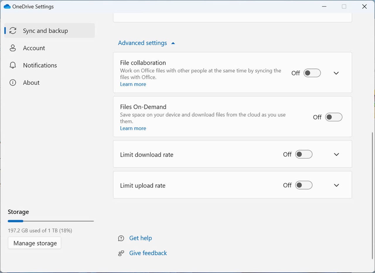 Reviewing and modifying the Sync and backup settings for OneDrive