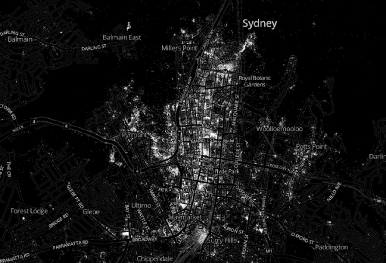 A 'hotmap' image of all Sydney CBD Foursquare check ins in the first quarter of 2013.