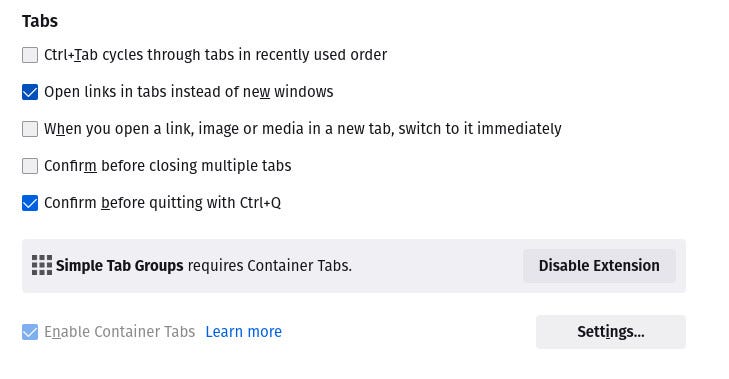 The Firefox container tabs option in Settings.