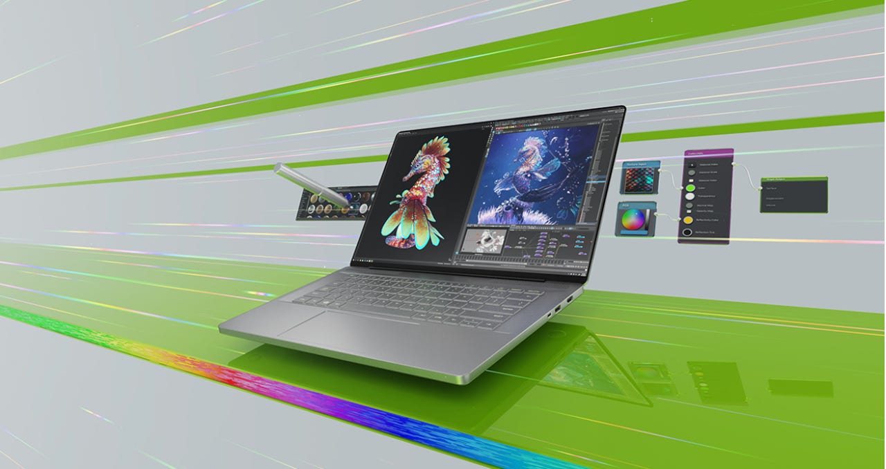 Nvidia new laptop showcased on a green and grey striped background