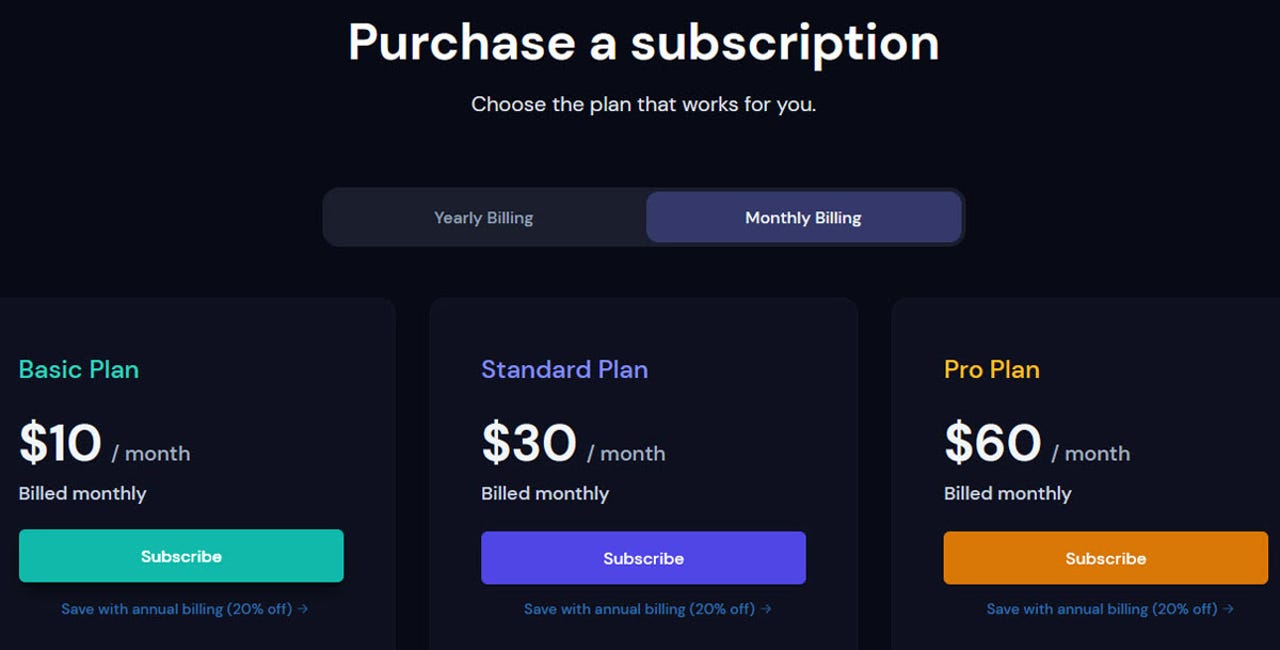 The three subscription plans and their prices