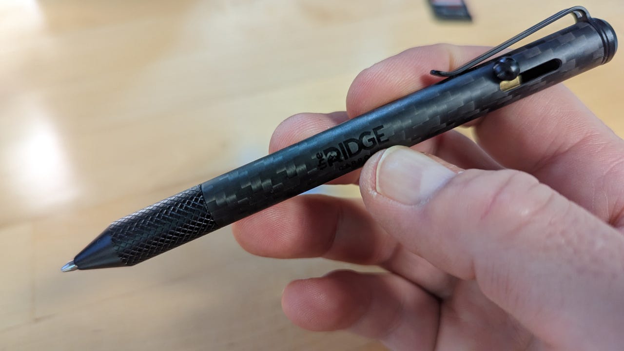The Ridge Bolt Action Pen in carbon fiber.