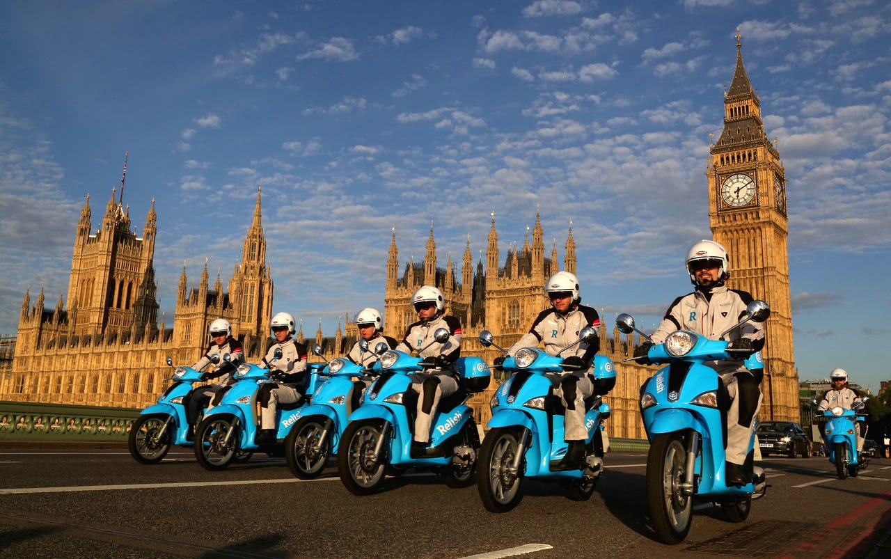RelishRescue scooters ride over Westminster Bridge in London to launch Relish