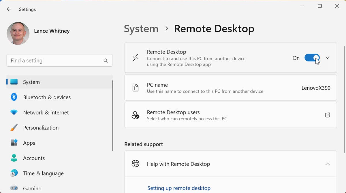 Remote Desktop section of Settings