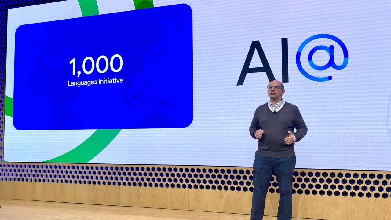 A person on stage at Google's AI event