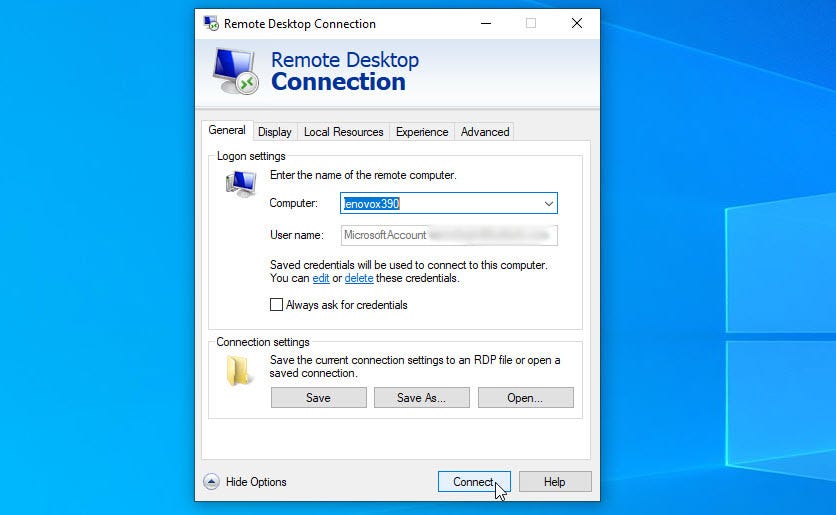 Remote Desktop Connection window
