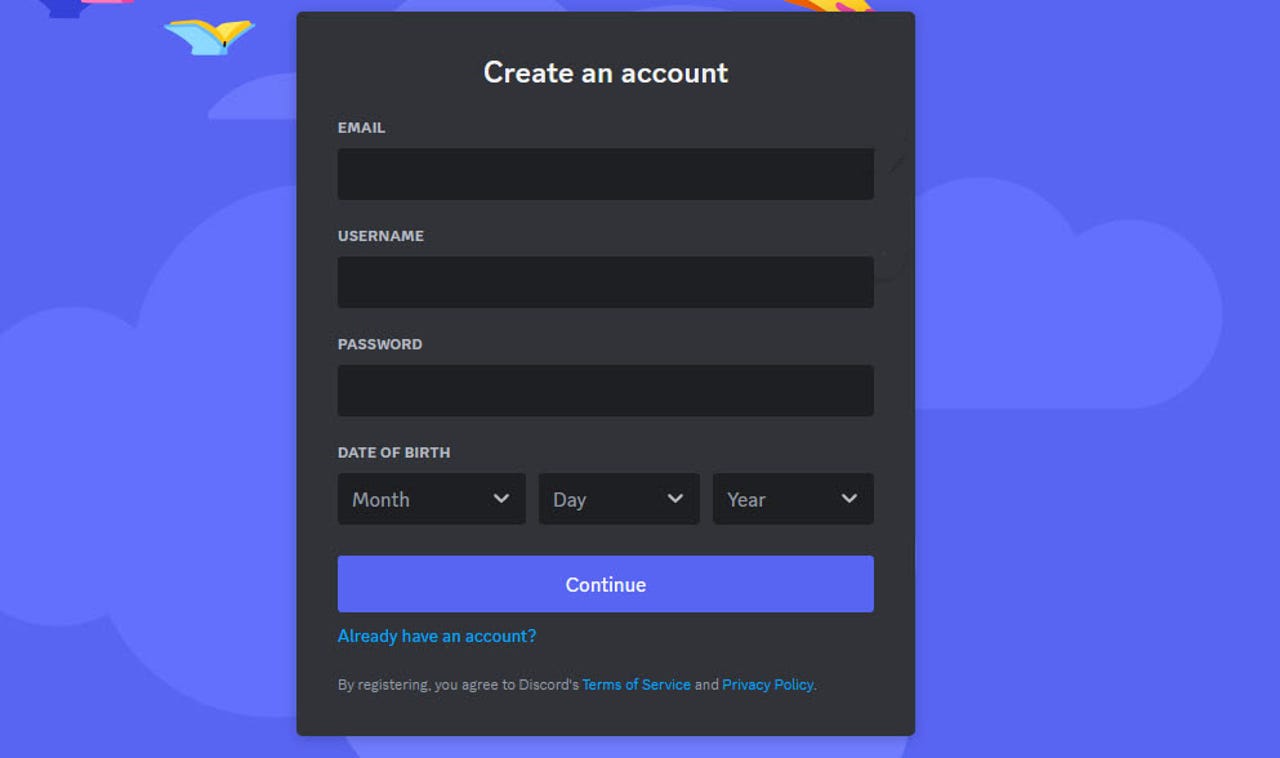 The account creation screen