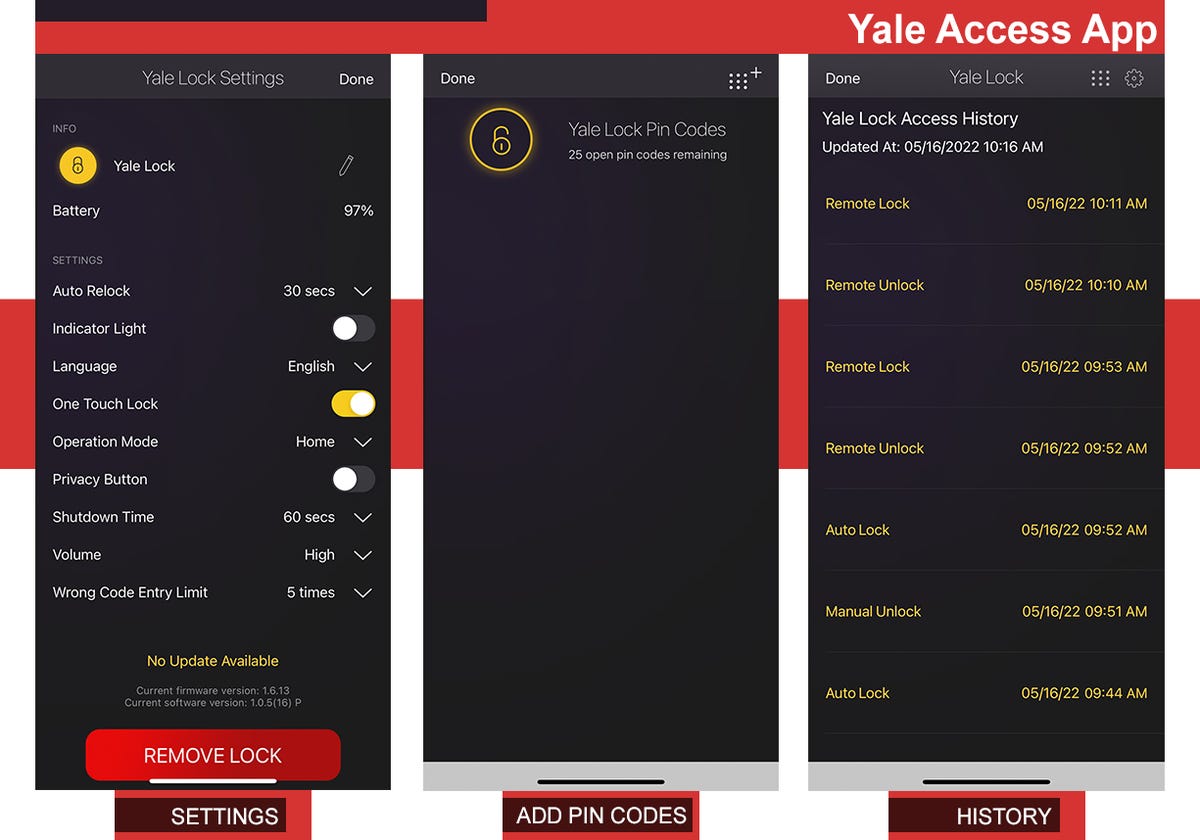 Different options on the Yale Access App