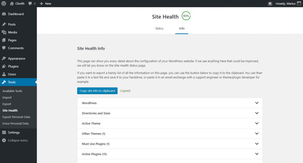 WordPress Site Health Info