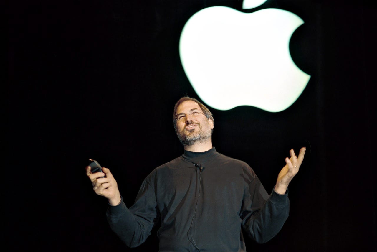 Steve Jobs looks skyward during his onstage presentation at an Apple event