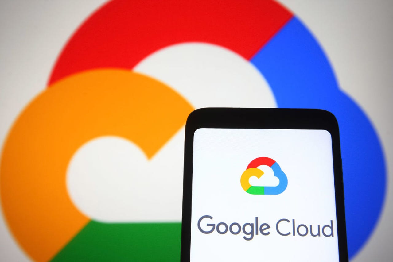 Google Cloud logo on phone and on background