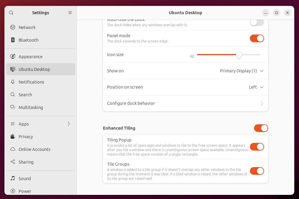The Enhanced Tiling feature in Ubuntu Settings.