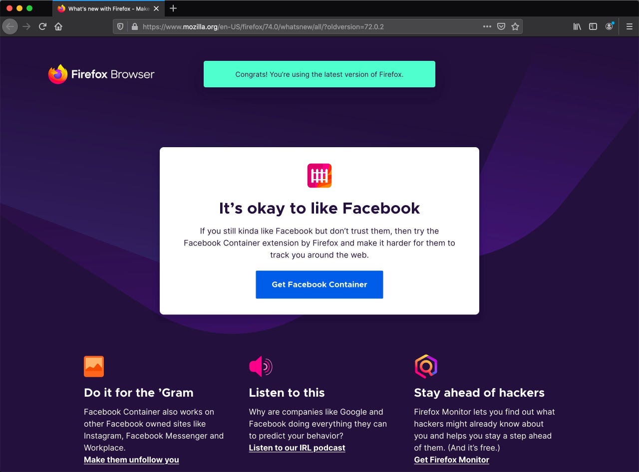 On updating to Firefox 74, users are invited to install the Facebook Container add-on.