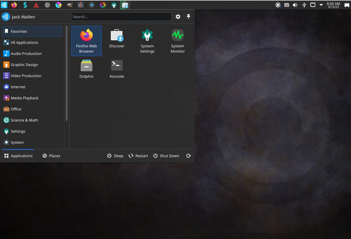 The Ubuntu Studio desktop menu.