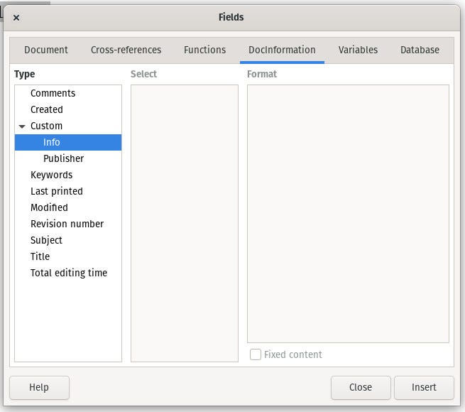 A Custom Property in the LibreOffice Fields window.