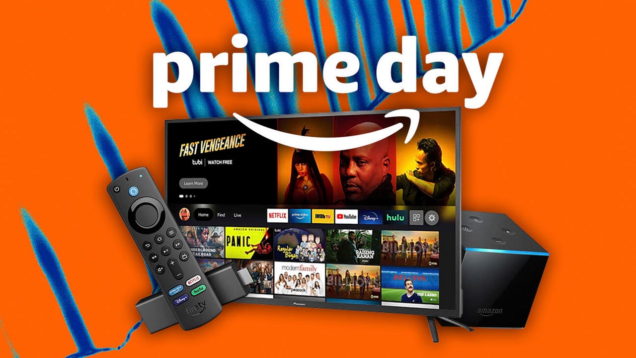 Prime Day in white letters with a TV and Amazon Fire products on an orange background