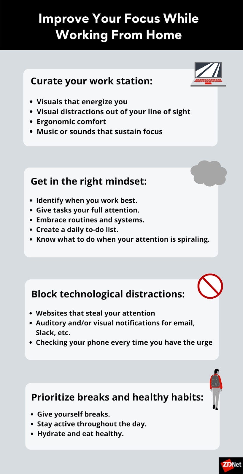 A graphic summarizing this article's tips for how to improve your focus while working from home. Tips include: Curate your work station, get in the right mindset, block technological distractions, and prioritize breaks and healthy habits.