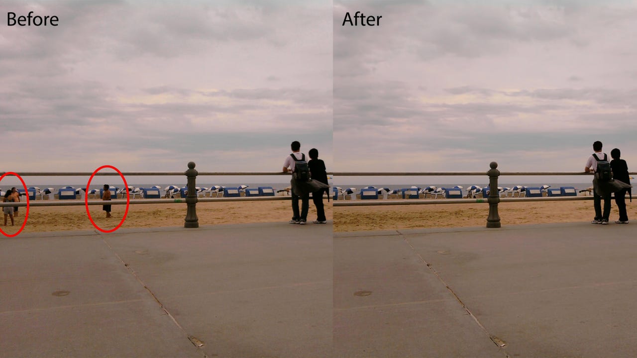 A before and after comparison of Magic Eraser, with two people being removed from a landscape photo of the beach.