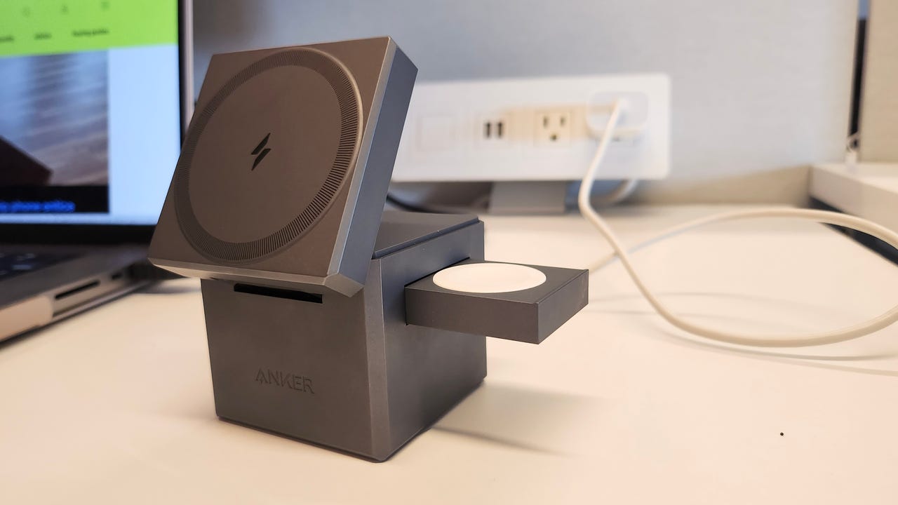Anker 3-in-1 charging cube next to computer.