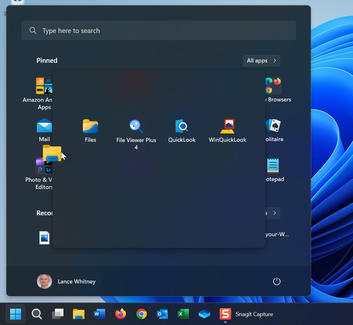 Action to remove an app from a folder in Windows 11 Start menu