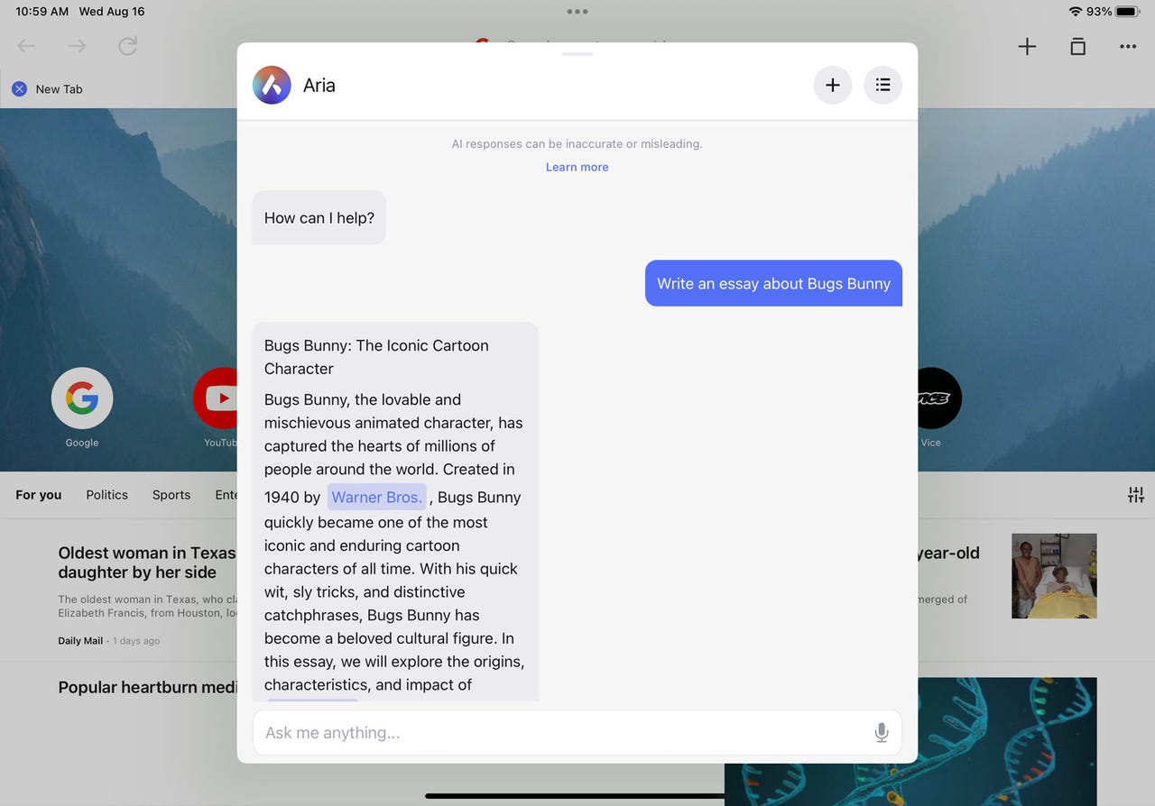 Opera has added the Aria AI to its iPhone and iPad browser.