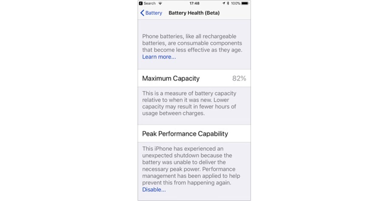 ​iOS 11.3 showing that there's been a crash due to worn battery