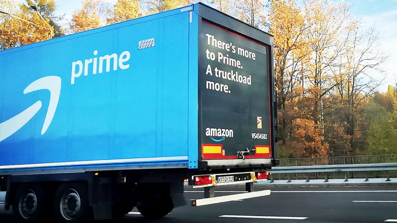 Amazon Prime delivery truck is photographed at A4 highway near Katow