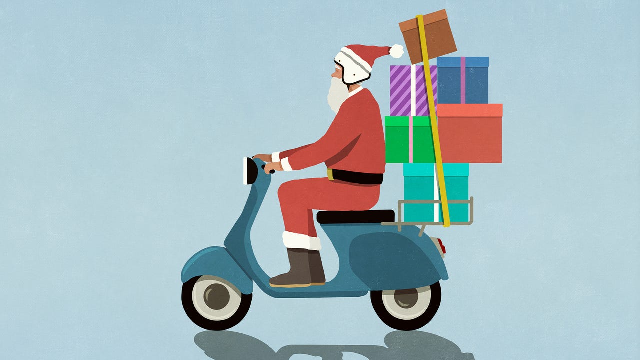 Santa Claus driving motor scooter with gifts - stock illustration