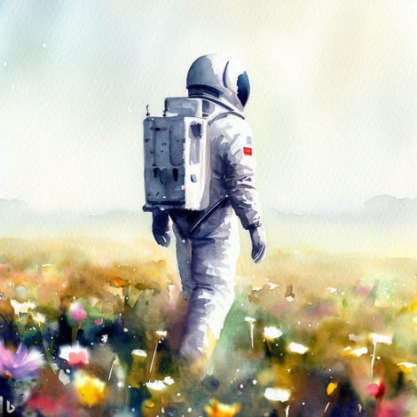 aquarelle d'un astronaute marchant sur un champ de fleurs sauvages