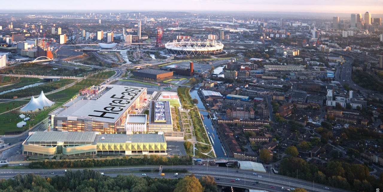 ​View of the Olympic Park in London with the Here East complex in the foreground.