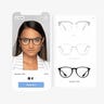 An app open on a phone with a woman's face and different glasses shapes