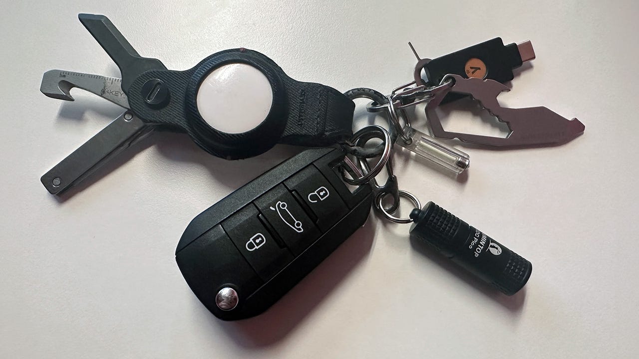 A selection of tools on a keychain.