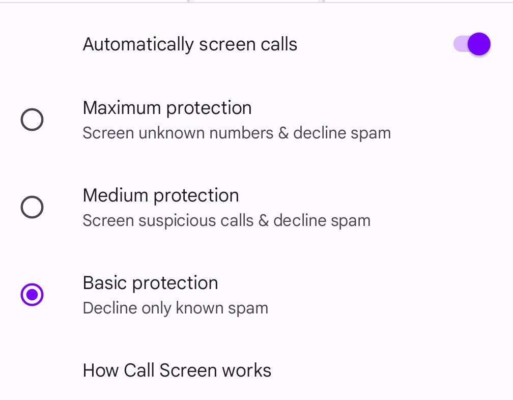 The Automatic call screening options in Android 14.