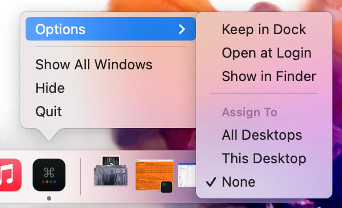 O menu Opções de clique com o botão direito do mouse no Dock.